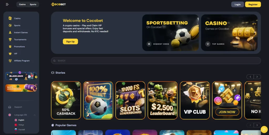 CocoBet crypto casino lobby showing game grid and cryptocurrency deposit options