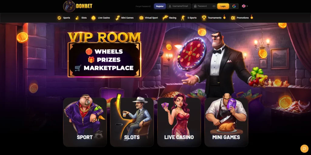 DonBet casino and sportsbook lobby with the Don mascot and product navigation
