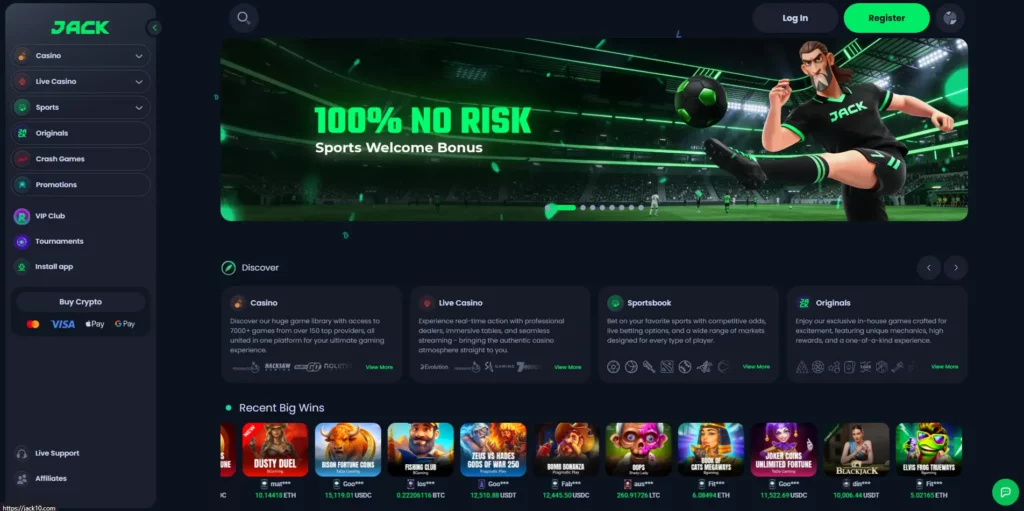 JACK casino lobby displaying the game library and sports betting section