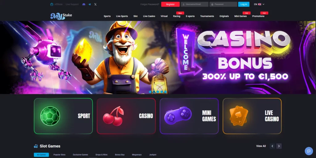 MyStake casino lobby showing game navigation and sportsbook access